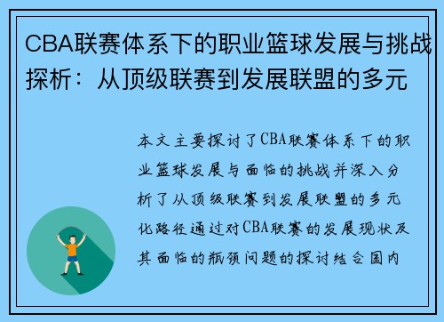 CBA联赛体系下的职业篮球发展与挑战探析：从顶级联赛到发展联盟的多元化路径
