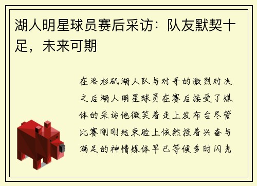 湖人明星球员赛后采访：队友默契十足，未来可期